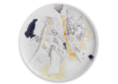 <i>Camminando speditamente a Zurigo</i>, 2009, sottosmalto su ceramica bianca